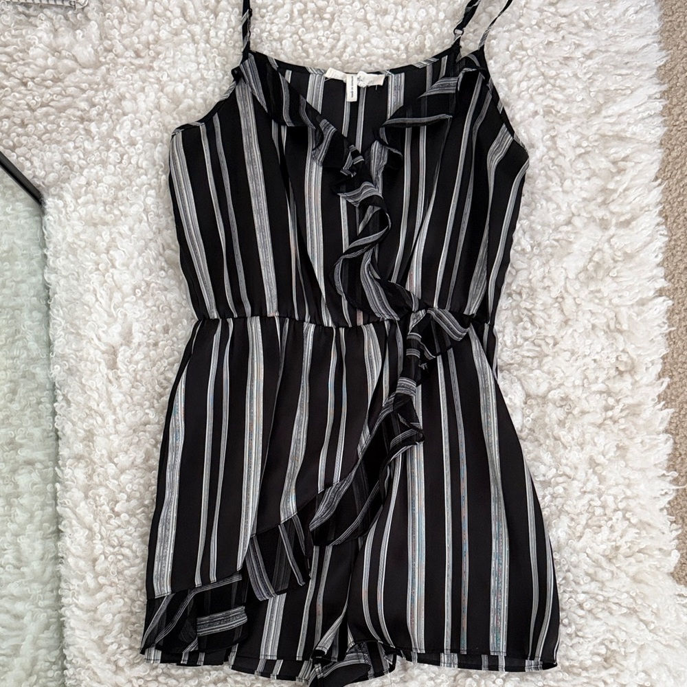 BCBGeneration Black and White Striped Ruffle Romper